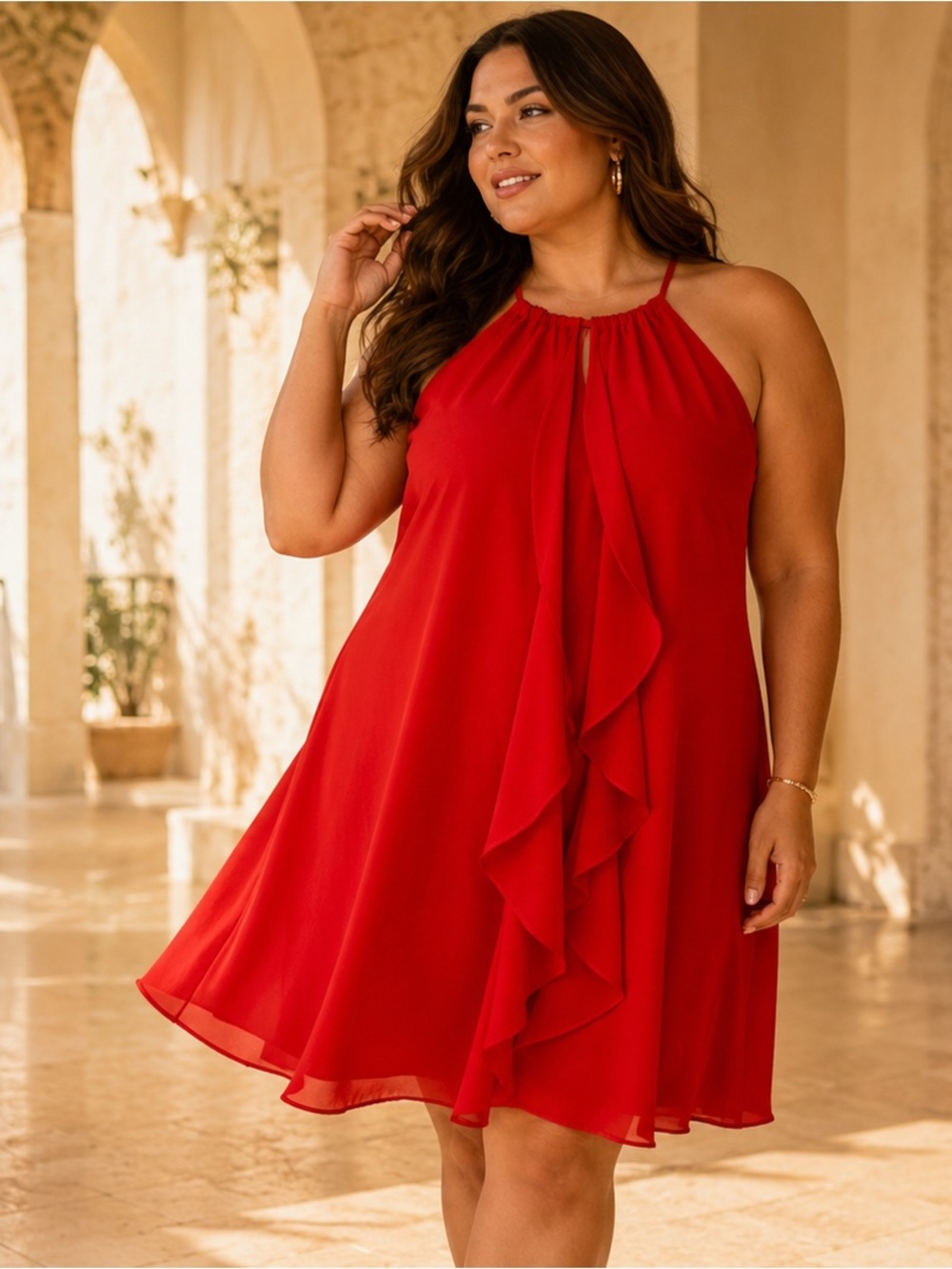 City Chic Red Halter Mini Dress with Front Ruffle